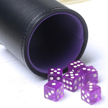 PU Leather Dice Cup Set, Purple Velvet Interior Dice Cup Shaker Quiet with 6 Purple Translucent Dice for Liars Dice/Farkle/Yahtzee Games, 1 Pack - color: Purple B
