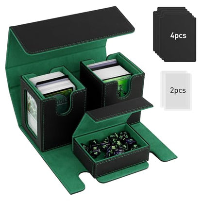 TiMOVO MTG Deck Box, Magnetic Trading Card Storage Case, Black+ Green | Holds 400+ Sleeveless Cards, 4 Dividers & Dice Tray, 2 Detachable Commander Card Deck Boxes, For Magic Game Cards - color: Black/Green