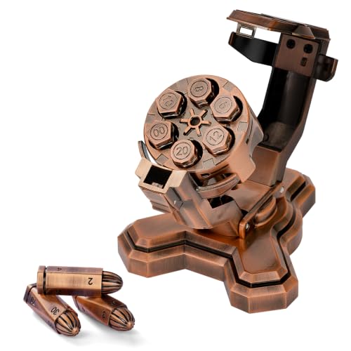 Bullet Nest Shaped Metal Dice Set with Spinning Revolver Case - 6 RPG Polyhedral Dice for D&D, Gifts for Gamers & Gun Lovers (D00, Copper) - color: Copper, style: D00