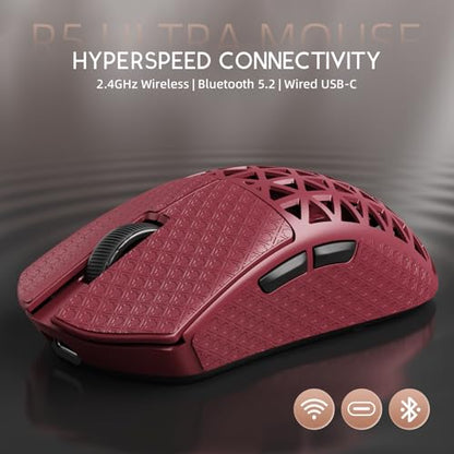 ATTACK SHARK R5Ultra 8K Carbon Fiber Wireless Gaming Mouse, Red&Tape | 42K DPI,PAW3950 MAX Sensor,39g Ultra-Lightweight,Nordic 52840 MCU Chip,Wired/BT/2.4GHz Wireless Programmable Mouse for PC/Mac - color: Red&Griptape
