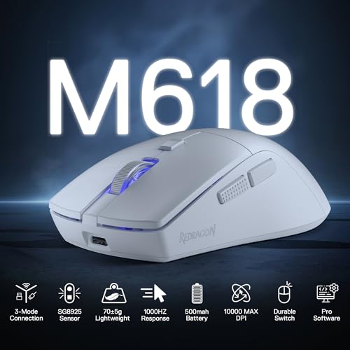 Redragon M618 LIT Wireless Gaming Mouse 10K DPI 70G Ultra-Light Remapping Keys - color: White, size: Wireless
