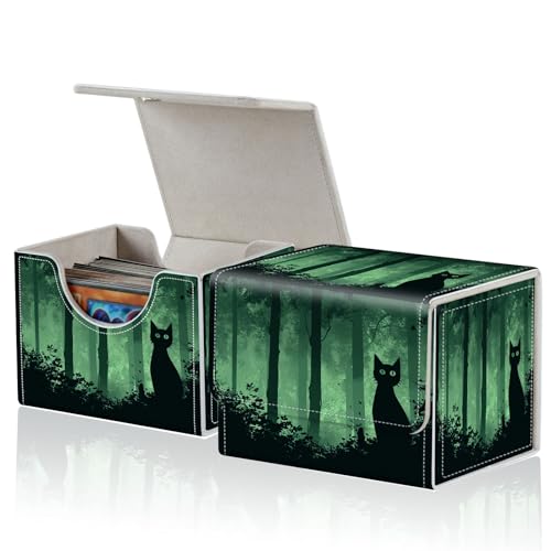 for MTG Commander Deck Box,Card Deck Box for Trading Yugioh MTG,Fits 100 Double Sleeved Cards,PU Leather Strong Magnet Case for Magic Commander TCG CCG,Black Green Cat - color: Black Green Cat