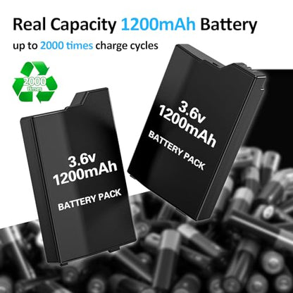 PSP Battery and Charger, 2Pcs 3.6v 1200mAh Lithium Polymer Replacement Batteries with Charging Dock for PSP-3000, PSP-3001, PSP-2000, PSP-2001, PSP-3002, PSP-3004, PSP Lite, PSP Slim Console - size: for PSP2000/3000