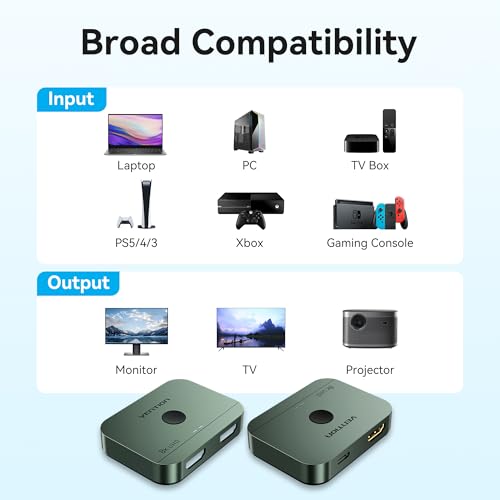 VENTION 8K HDMI Switch, 4K@120Hz HDMI Splitter Switcher, 2 in 1 Out with LED Indicators, Supports HDR, 3D, Dolby, Compatible with Laptops, PC, Xbox Series, PS5/4/3, Blue Ray, Projector - color: Green