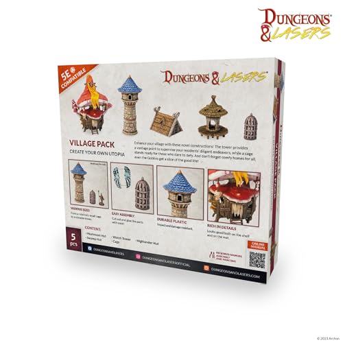 Dungeons & Lasers: Village Pack Expansion Set - 5 Piece Terrain Pack - RPG Terrain for DND and 5E Compatible Tabletop Games - Unpainted and Unassembled - Ages 14+