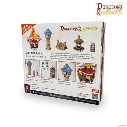 Dungeons & Lasers: Village Pack Expansion Set - 5 Piece Terrain Pack - RPG Terrain for DND and 5E Compatible Tabletop Games - Unpainted and Unassembled - Ages 14+