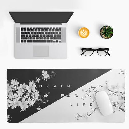 Black and White Mouse Pad 31.5 X 11.8 Inch Japanese Cherry Blossom Extended Large Mouse Mat Non-Slip Rubber Mousepad Stitched Edges Keyboard Mouse Mat Desk Pad for Office Home Game - color: Black and White