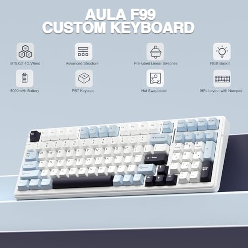 AULA F99 Wireless Mechanical Keyboard, Hot Swappable Custom Keyboard,Pre-lubed Linear Switches,Gasket Structure,RGB Backlit Gaming Keyboard (Blue&White) - color: Blue&White