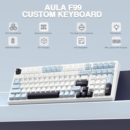 AULA F99 Wireless Mechanical Keyboard, Hot Swappable Custom Keyboard,Pre-lubed Linear Switches,Gasket Structure,RGB Backlit Gaming Keyboard (Blue&White) - color: Blue&White