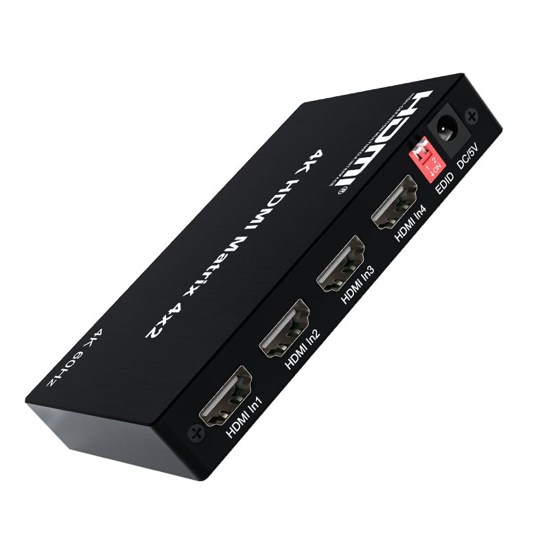 4K@60Hz HDMI eARC Splitter Switcher 4x2 Bidirectional - 1x4 eARC Audio Splitter/Switcher, HDCP2.2 HDR10, 4-Port HDMI Switch for Soundbar/Amplifier/Blu-ray, Fiber/Coaxial Output
