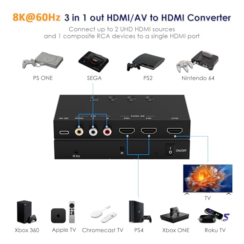 3-Port 8K@60Hz HDMI Switch with AV Input, 2X HDMI & 1x RCA to HDMI Converter Supports HDR10, HDCP 2.2, 3D with IR Remote Control, Compatible with Xbox/PS2/Nintendo Switch,Xbox,PS5/PS4,Roku,Apple TV - size: 8K@60Hz 2x HDMI & 1x RCA