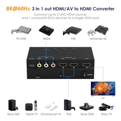 3-Port 8K@60Hz HDMI Switch with AV Input, 2X HDMI & 1x RCA to HDMI Converter Supports HDR10, HDCP 2.2, 3D with IR Remote Control, Compatible with Xbox/PS2/Nintendo Switch,Xbox,PS5/PS4,Roku,Apple TV - size: 8K@60Hz 2x HDMI & 1x RCA