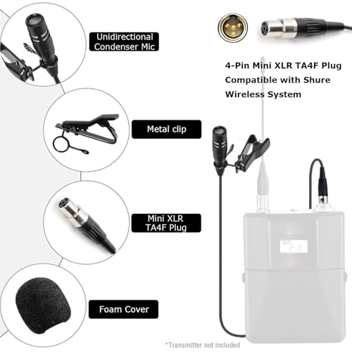 Lavalier Microphone Lapel Mic Compatible with Shure Bodypack | Unidirectional Condenser Super Cardioid Clip-On Mic for Wireless Transmitter System with Mini XLR 4 Pin TA4F Plug - style: Mini XLR TA4F Plug Compatible with Shure Only