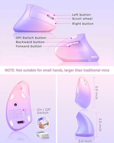 Lekvey Ergonomic Mouse, Vertical Wireless Mouse Rechargeable 2.4 GHz Optical Carpal Tunnel Mouse : 800/1200/1600 DPI, 6 Buttons, for Laptop, PC, Mac, Computer, Desktop, Notebook etc, Pink to Purple - color: Pink to Purple