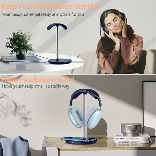 Headphone Stand with Wireless Charger, Gaming Headset Holder Hanger Rack 2 in 1 Wireless Charging Station Dock for iPhone 15/14/13/12/11 Series, Samsung, AirPods Pro/3/2, Aluminum Alloy Rod, Navy Blue - color: Navy Blue