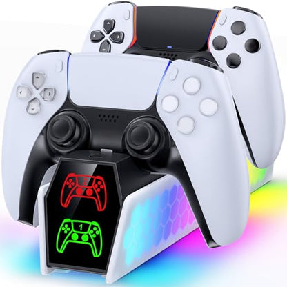 PS5 Controller Charger Station Compatible with DualSense & Edge Controllers, PS5 Charging Station Docking with RGB Light & LED Indicator for PS4 Controller Charger