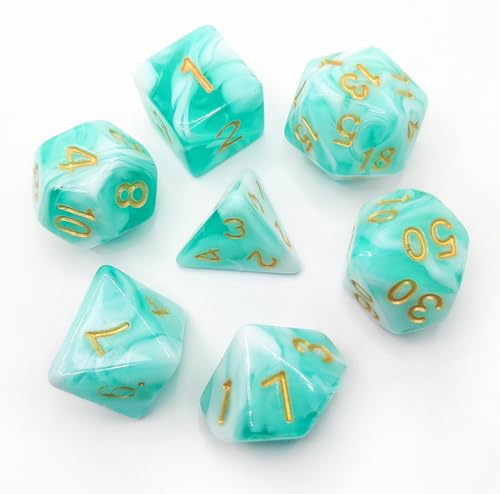 Green Mix White DND Dice Set of 7pcs (Turquoise Green) | Unique Pastel Polyhedral Dice for D&D, Dungeons and Dragons, RPG, MTG Accessories – D20 System Set - color: Turquoise Green & White