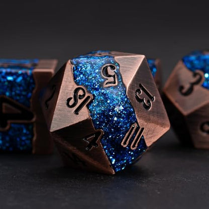 Metal DND Polyhedral Dice,Large Stripe Glitter Metallic Dice Set,Antique Silver Dice 7pcs Set for Role Playing Games(Antique Copper Blue) - color: Antique Copper Blue