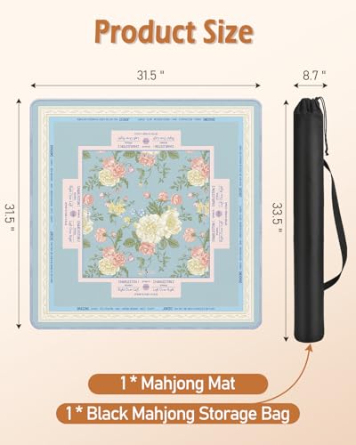 Mahjong Mat Table with Rules Mah Jong Mat Neoprene Travel Chinoiserie Floral Majong Learning Mat Instructions Mahjong Gifts Women Unique Non-Slip Rubber Pad, 31.5" x 31.5", Blue Flower - color: Blue Flower, size: 31.5" x 31.5"