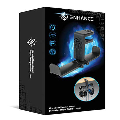 ENHANCE PC Gaming Dual Headphone Stand - Clip-On Desk Headphone Holder with Adjustable 360 Rotation, Under Desk Headset Holder, Universal Fit, & Double Cable Loops Organizer with Silicone Pads