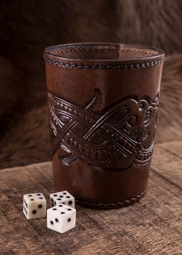 Ulfberth - Viking dice Cup with Embossed Motif - Genuine Leather - Medieval Leather Cup with Engraving (Jelling Style, Brown) - color: Jelling Style, Brown