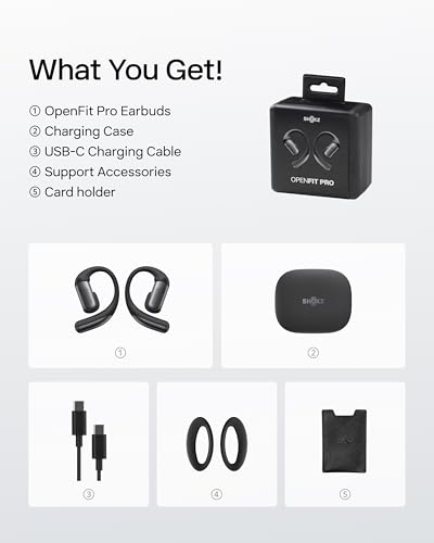 SHOKZ OpenFit Pro Open-Ear Earbuds with Noise Reduction, Dolby Atmos, Black | Bundle with Gym Bag; Deep Bass, 50H Playtime, AI call clarity; Bluetooth 6.1; IP55 Secure all-day fit; Gym/Office/Cafe use - color: Black
