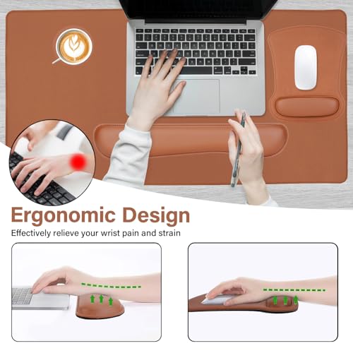 MOSISO Keyboard Mouse Pad Set, PU Leather Large Gaming Mousepad&Keyboard Wrist Rest&Mouse Wrist Rest&Coaster, Ergonomic Non-Slip Mousepad&Easy Typing Cushion with Memory Foam for Home Office, Brown
