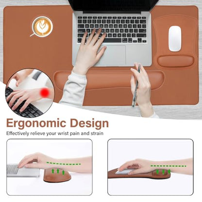 MOSISO Keyboard Mouse Pad Set, PU Leather Large Gaming Mousepad&Keyboard Wrist Rest&Mouse Wrist Rest&Coaster, Ergonomic Non-Slip Mousepad&Easy Typing Cushion with Memory Foam for Home Office, Brown