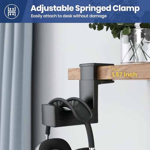 Dual Headphone Stand Holder - EURPMASK 2 in 1 PC Gaming Headset Hooks, 360 Degree Rotating Headphone Hanger with Adjustable Clamp & Cable Clip Organizer, Headset Mount Under Desk Earphone Clamp-Black - color: Black