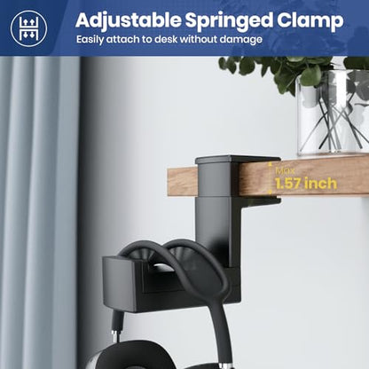 Dual Headphone Stand Holder - EURPMASK 2 in 1 PC Gaming Headset Hooks, 360 Degree Rotating Headphone Hanger with Adjustable Clamp & Cable Clip Organizer, Headset Mount Under Desk Earphone Clamp-Black - color: Black