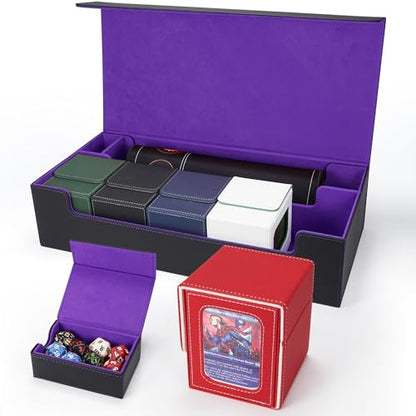 AFIING MTG Deck Box 6 In1 with MTG Playma,Premium Card Storage Box with 5 Pcs MTG Deck Box Holds 2400+ Trading Cards, Large TCG Card Deck Case for Magic Yugioh Sports Cards (Black&Purple) - color: Set Black Purple