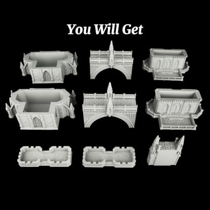 Fantasy Building Modular Castle Bridge Terrain 25mm for Tabletop Games | 1:64 Scale Large Modular Castle Bridge with Towers, Multi-Part Design, Easy Press-Fit Assembly for RPG Campaigns, Wargames