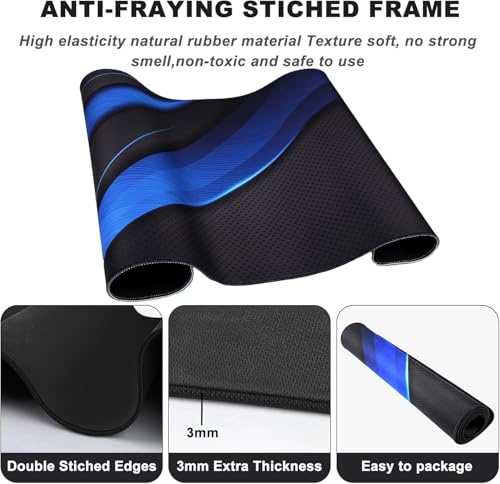 Desk Pad Large Gaming Mouse Pad Extended Keyboard Mouse Mat,Black Blue | 35.4 X 15.7 Inch Desk Pad Non-Slip Rubber Base Stitched Edge Computers Laptop Desk - color: Black Blue, size: 35.4" x 15.7"