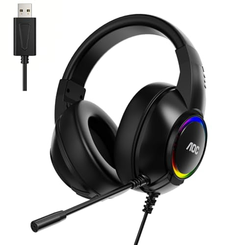 AOC Gaming Headset, Black Wired Gaming Headphones with 50mm Drivers, RGB USB Corded Headphone for PC/Laptops, Over Ear Headset with Mic for PS4/PS5/NS Switch(Docked Mode), ACG2510
