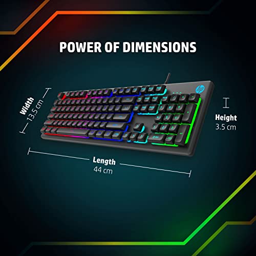 HP K500F Backlit Membrane Wired Gaming Keyboard with Mixed Color Lighting, Metal Panel with Logo Lighting, 26 Anti-Ghosting Keys,