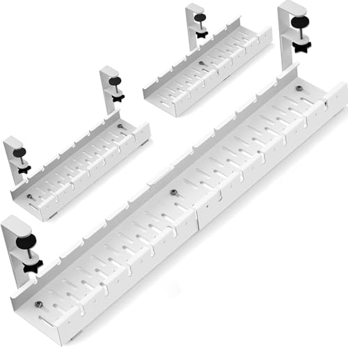 No Drilling Under Desk Cable Management, Metal Cable Management Tray Under Desk with Clamp, Retractable Power Strip Cord Holder for Wire Management 31Inch (2 Pack White) - color: 2 Pack White Extendable 31'