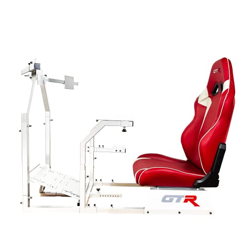 GTR Simulator GTA-F Racing Cockpit | Silver Frame with Triple/Single Monitor Stand | Adjustable Leatherette Seat | Stable & Ergonomic | Compatible with All Wheels & Pedals for PC & Console - color: White, Red White