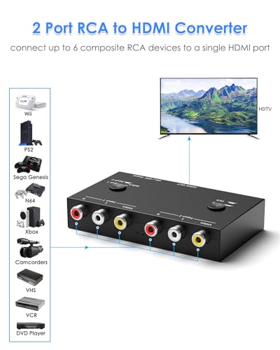 2 Port RCA to HDMI Converter, Dual AV to HDMI Converter Supports 16:9/4:3 Composite to HD MI Adapter Support 1080P PAL/NTSC Compatible with Sega/Xbox/PS1/PS2/PS3/WII/N64/VHS, VCRs, and DVD Players - size: 2 Port RCA to HDMI Converter