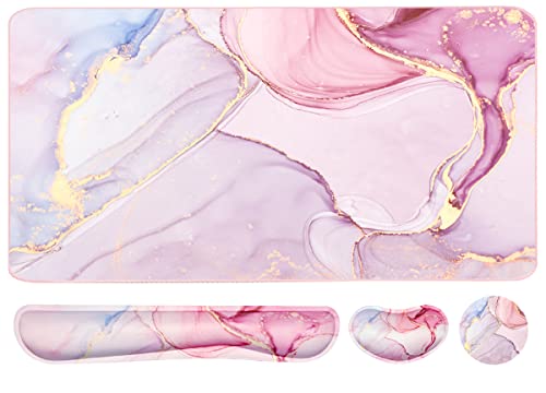 Keyboard Mouse Pad Set, Extended Mouse Pad+Keyboard Wrist Rest Support, Memory Foam Ergonomic Easy Typing, 3Pcs (35.4×15.7 in) Desk Pad Set for Home Office Study Game- Pink Marble - color: Pink Marble