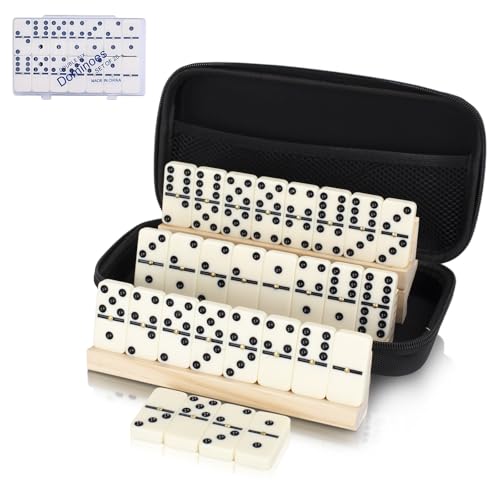 Double 6 Dominos Set for Adults, Durable 28 Tiles Dominos with 4 Wooden Racks and Carrying Case,Classic Board Games,Portable Travel Game