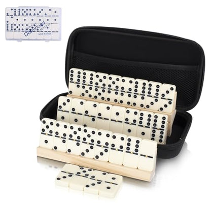 Double 6 Dominos Set for Adults, Durable 28 Tiles Dominos with 4 Wooden Racks and Carrying Case,Classic Board Games,Portable Travel Game