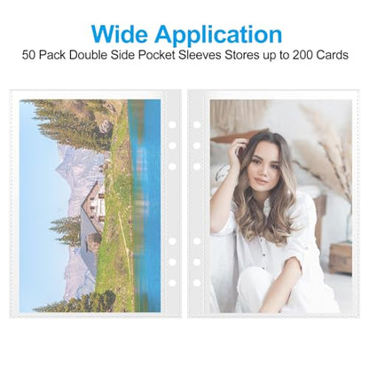 50 Pack 5x8 Clear Binder Sheets Sleeves - 6 Ring A5 Binder Inserts - Plastic Pockets for Index Cards,Photocards,Postcards,Pictures, Stickers,and Cash Organizer - 6 Hole Refill Pages Sheet Protector. - size: 5" x 8"