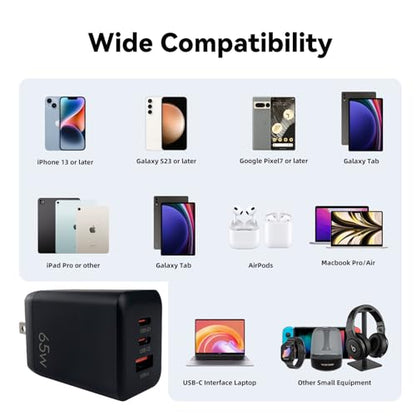 EP 65W USB C Charger Block, PPS GaN 3-Port Compact Foldable Power Adapter Fast Type C Charging Station Compatible with MacBook, Galaxy S24, iPhone 16/15Pro, Switch, Steam Deck, Galaxy S24 Black