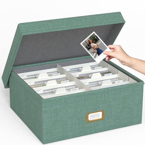 Decorative Photo Storage Box, Linen Photo Box Holds 1700 4x6 Pictures Green | Photo Storage Containers with 8 Dividers, Memory Keepsake Organizer for Photos, Scrapbook Supplies, Cards, Stamps,Archive Box - color: Green, size: 4x6 (1 Pack)