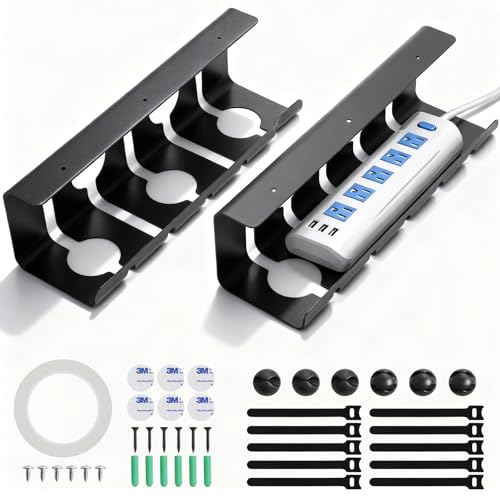 Under Desk Cable Management Tray, 16.5" L x 4.7" W x 4.3" H, 2 Pack Under Desk Cable Tray, Wire Organizer for Power Strip, Tape Mount or Screw Mount, Easy Install Cord Raceway for Desk & Home - color: Black, size: 16.5" L x 4.7" W x 4.3" H