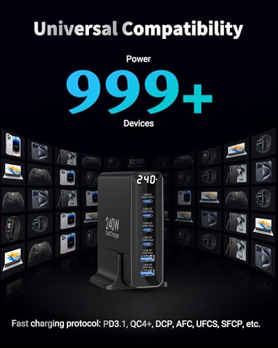 TOPADRE 240W USB C Charger with Display,6 Ports Charging Station | Laptop GaN Desktop Charger,140W Fast Charging Block for MacBook, iPad, iPhone 17/16, Galaxy S25/S24, Dell XPS and More - color: Black
