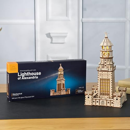 UGEARS Lighthouse of Alexandria 3D Wooden Puzzle for Adults – Wooden Model Kit with LED Night Light, DIY Building Hobby Set, Ancient World Landmark, Home Decor, Brain Teaser, Creative - style: Lighthouse of Alexandria