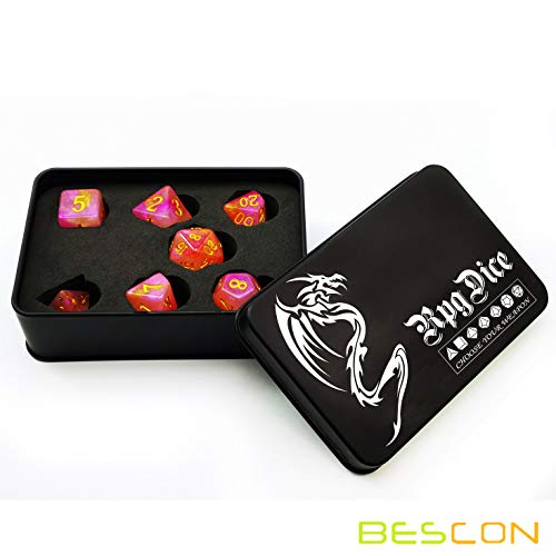 Bescon Magical Stone Dice Set Series, 7pcs Polyhedral RPG Dice Set RoseQuartz, Black Tinbox Packing - color: Rosequartz in Tinbox