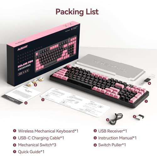 AUSDOM 98Pro Wireless Mechanical Keyboard, Tri-Mode BT/2.4GHz/USB-C Hot Swappable Custom Gaming Keyboard with Backlit, Gasket Structure, Linear Switches for Windows/Mac/PC (Clicky Sound) - color: Pink