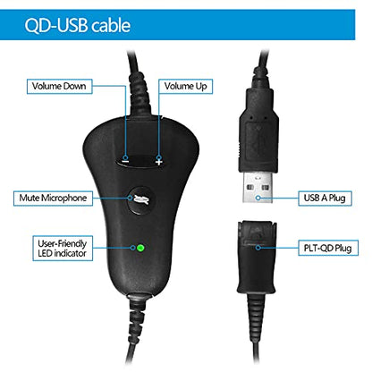 VT PLT-QD USB Training Cable Y Splitter-Adapter - Quick Disconnect Cord with Mute&Volume Control for 4-Pin Plantronic-QD Headsets&Computer